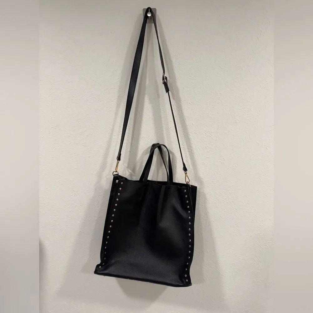 Bevini Modena Black Genuine Leather Tote Crossbody Purse Gold Studs